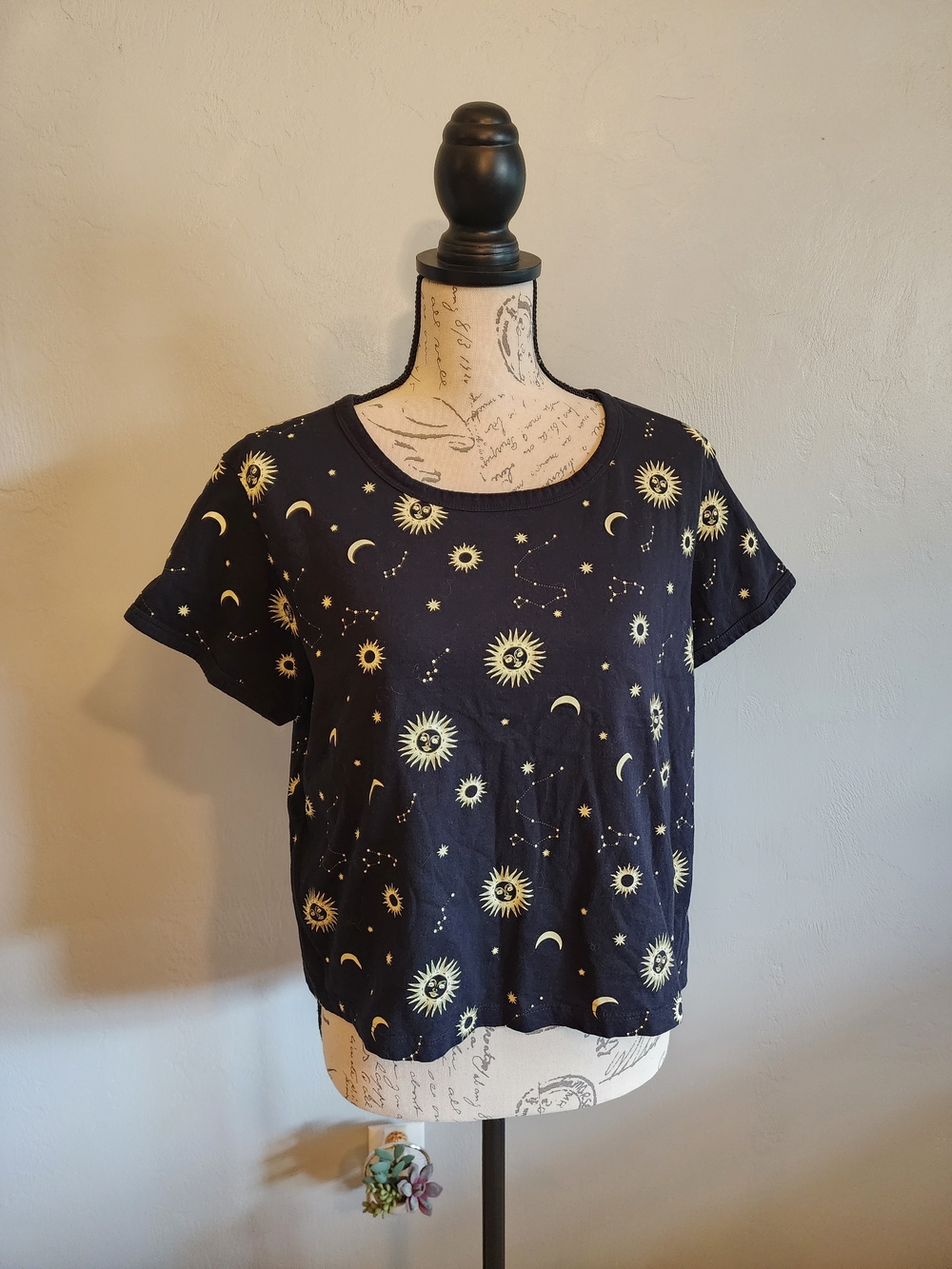 Black Sun & Moon Crop Tee with Yellow Celestial Print